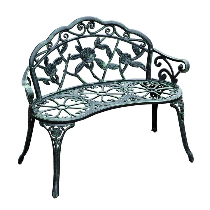 Garden Bench Loveseat with Floral Rose Style, Cast Aluminum Frame for Outdoor, Patio, Park, Deck, Antique Green