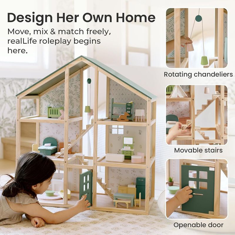 Wooden Dollhouse - 6 Rooms Wooden Doll House, DIY Pretend Doll House with 31Pcs Furniture Accessories, Creative Gift for Girl image number 7