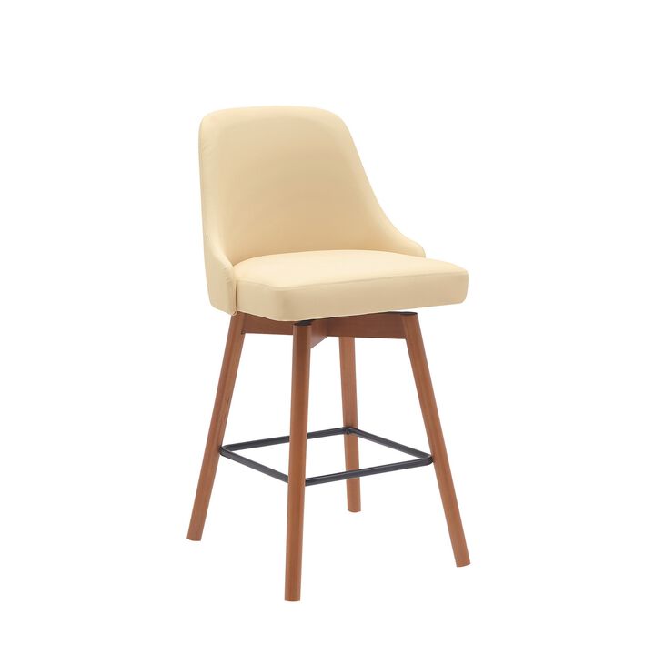 Sean 26 Inch Counter Stool Chair, Swivel, Parson, Cream Faux Leather, Brown - Benzara
