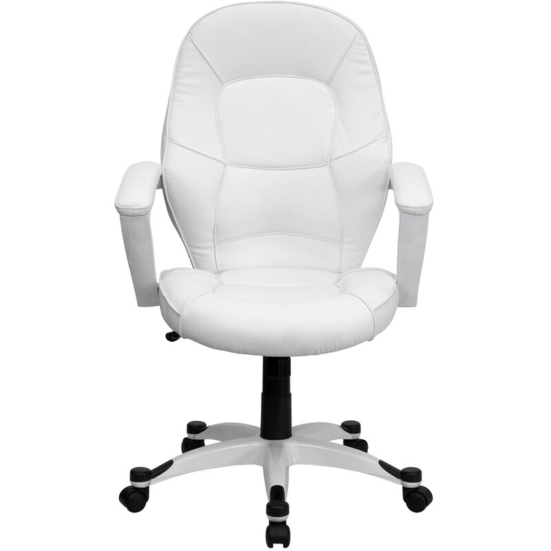 Quincey Mid-Back White LeatherSoft Tapered Back Executive Swivel Office Chair with White Base and Arms image number 6