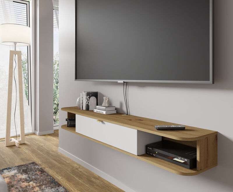 TV Cabinet ICARUS 61.42 in - Hanging - Black Matt / Natural Artisan Oak