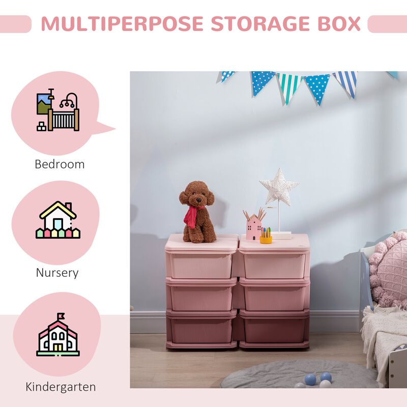 Pink Kids' Organizer: 3-Tier Storage Unit with 6 Plastic Drawers