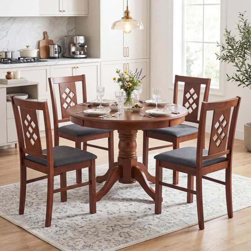 Modern Linen Style Kitchen Chairs Set of 4 Wooden Frame Upholstered Dining Room Chairs-Cherry image number 3