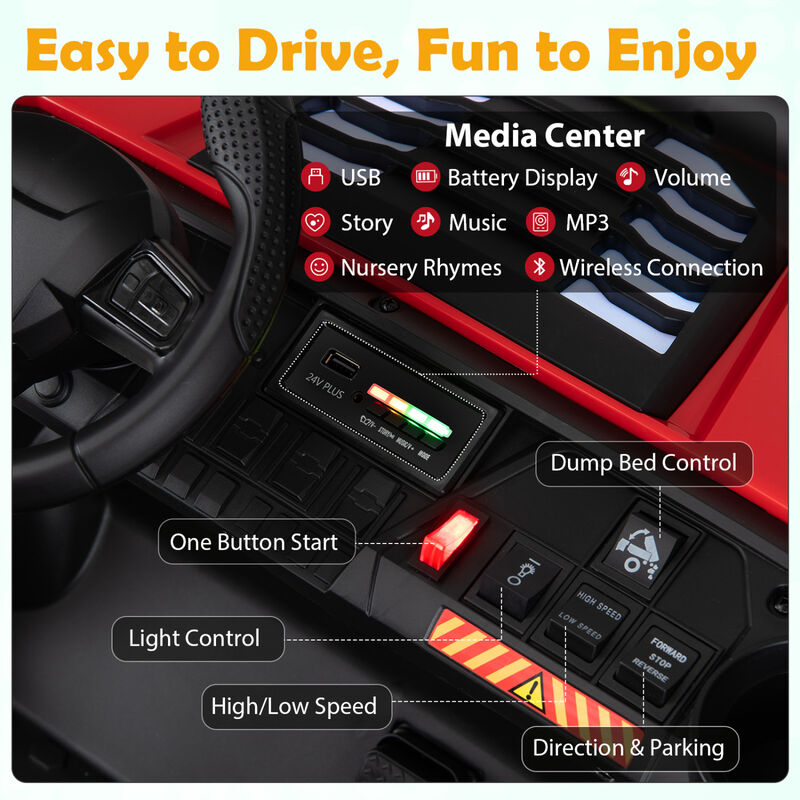 2 Seater 24V Ride On Dump Truck 4WD with Electric Dump Bed and Lights for Kids image number 7