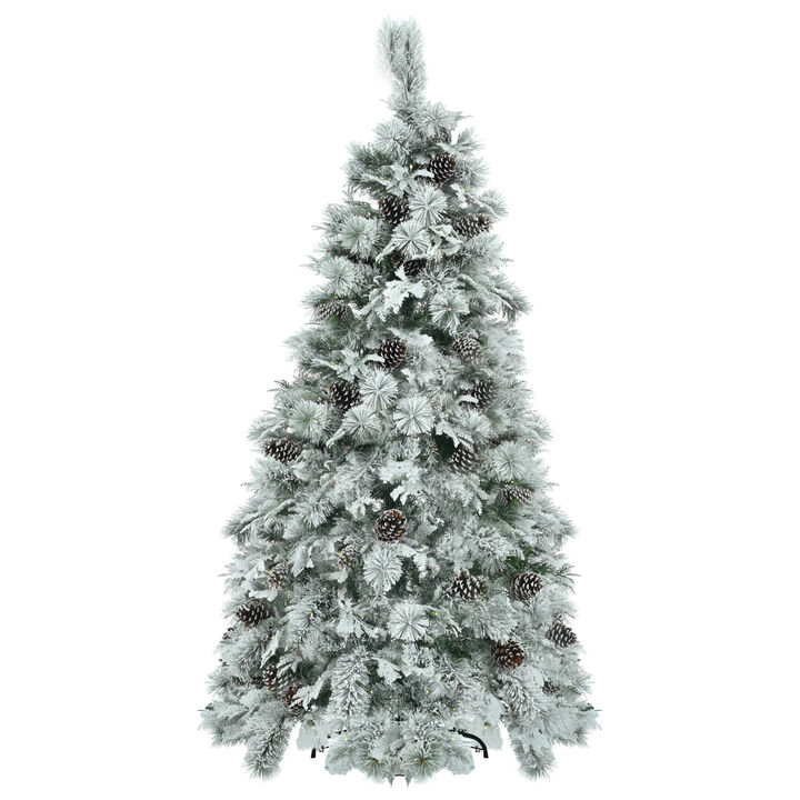 Whisen 6FT Pre-Lit Spruce Snow Flocked Christmas Tree with Pine Cones, Artificial Xmas Tree with 403 Branch Tips, 250 Multi-Color LED Lights