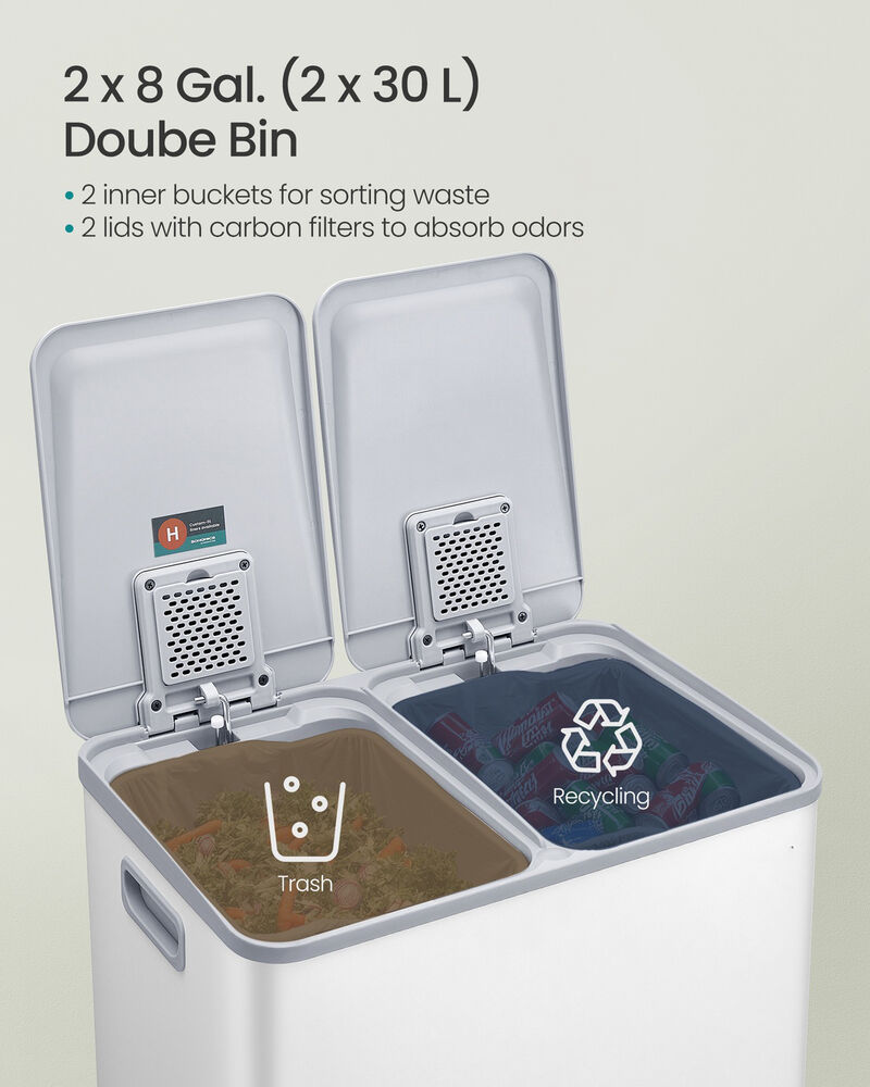 2 x 8 Gallon Dual Trash Can Soft Close Pedal Removable Buckets image number 3