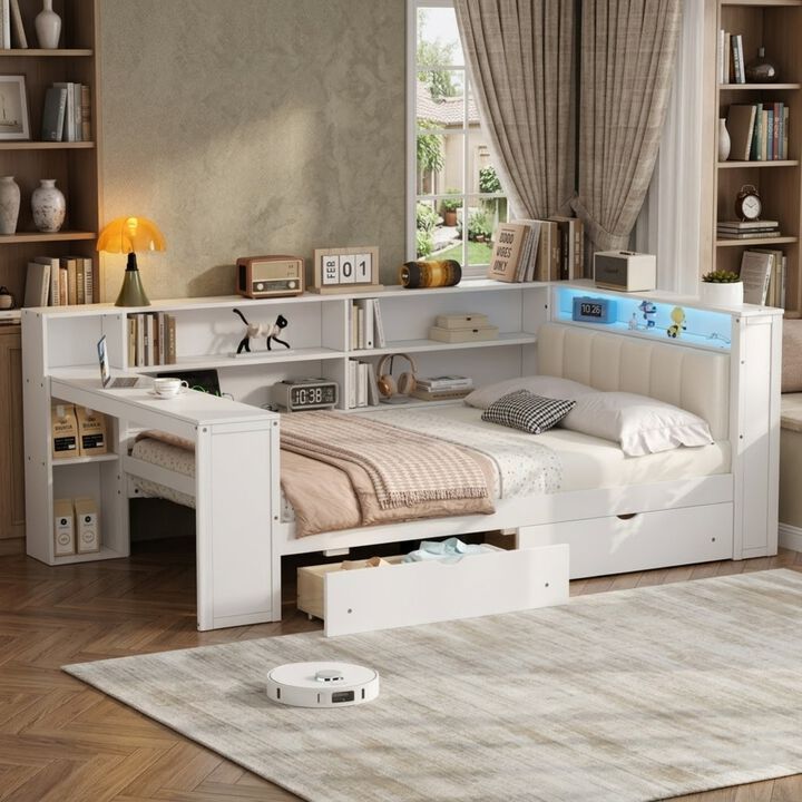 Whisen Full Size Platform Bed with Storage Shelves, Drawers & Charging Station, Solid Wood+MDF with LED & Desk, Upholstered Headboard for Bedroom