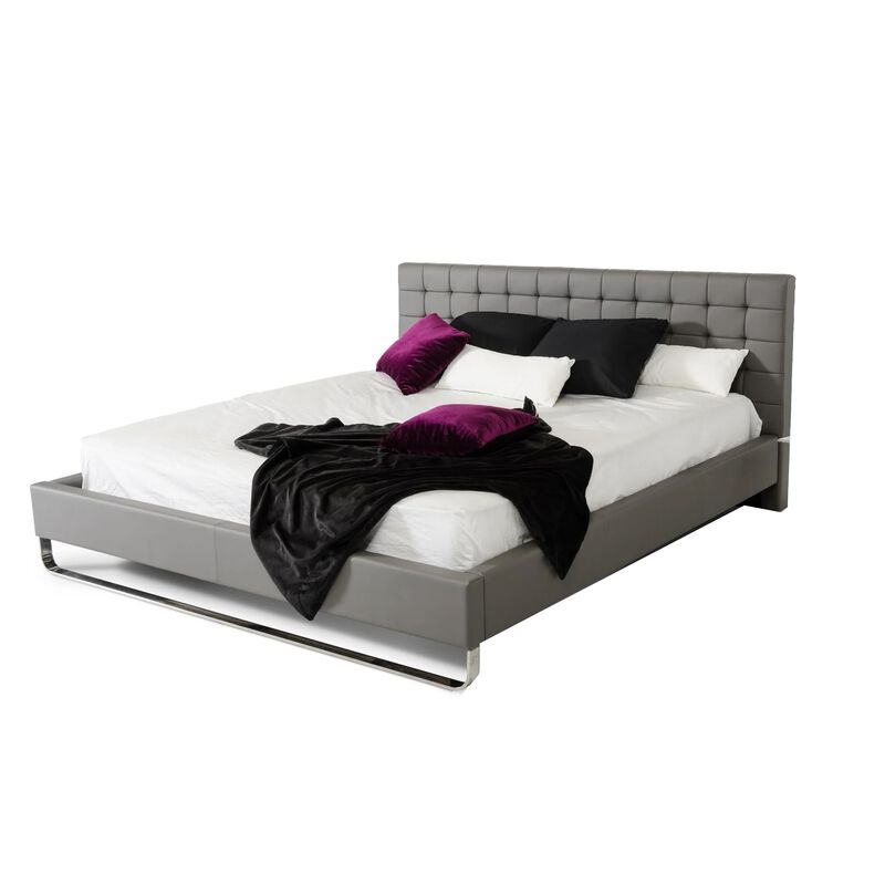 Ani King Size Platform Bed, Plush Tufted Gray Faux Leather Upholstery - Benzara