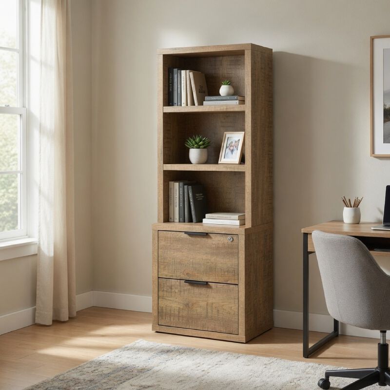 Park Bookcase with 3 Open Shelves, 2 Drawers, 61 Inch Natural Brown image number 8