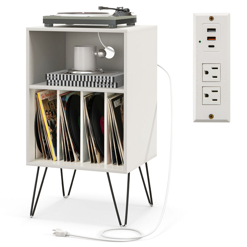 Record Player Stand with Charging Station for Living Room or Bedroom Storage and Decor