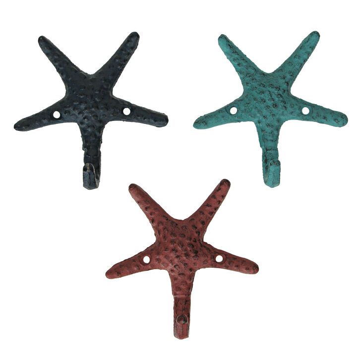 Set of 3 Cast Iron Blue and Coral Orange Starfish Decorative Wall Hooks: Towel, Hat, Key Hangers for Beach Decor, 4.5 Inches High - Coastal Elegance for Your Home