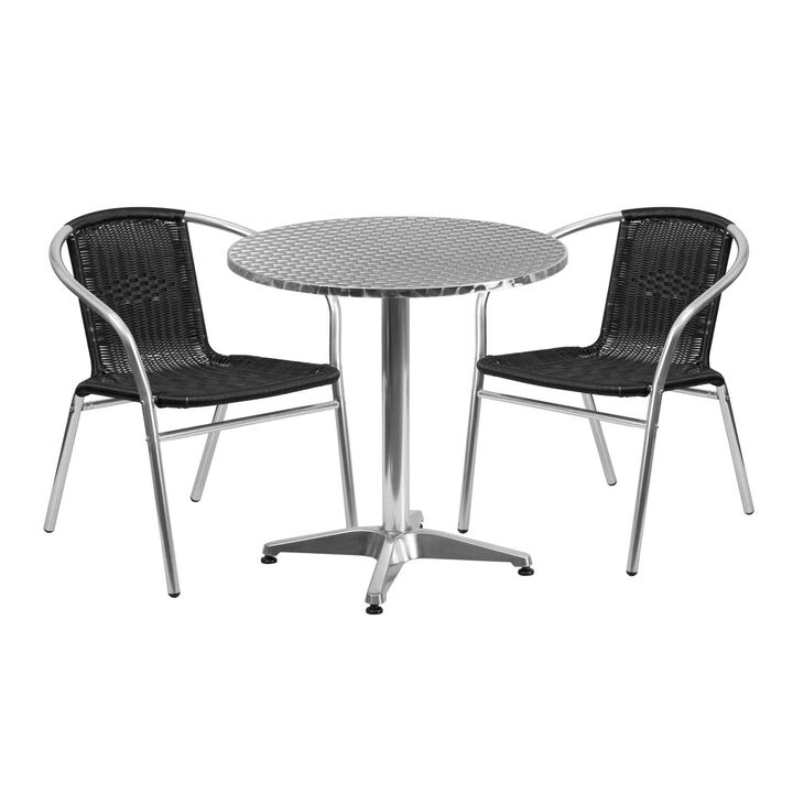 Flash Furniture 27.5'' Round Aluminum Indoor-Outdoor Table Set with 2 Black Rattan Chairs