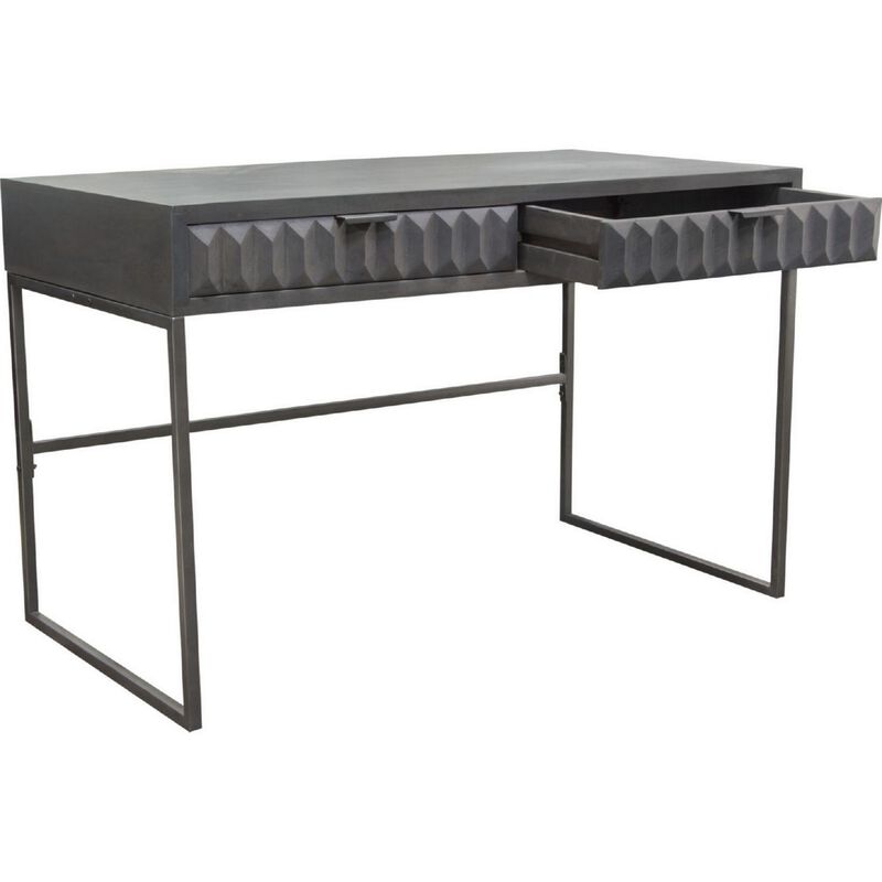 Fiva 47 Inch 2 Drawer Desk, Embossed Geometric Patterns, Smoke Gray Wood - Benzara