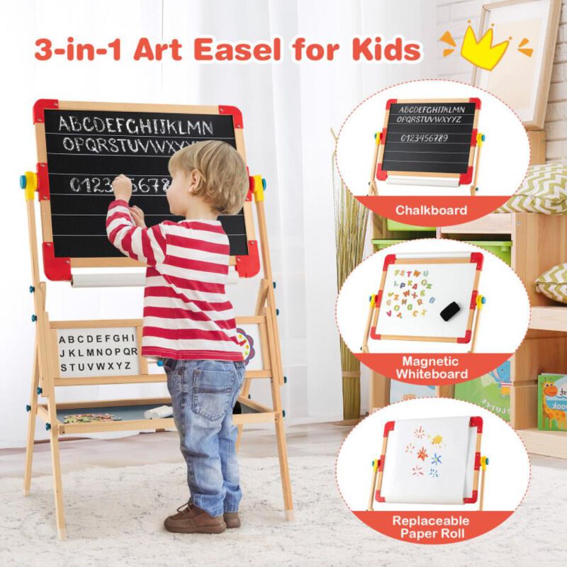 Hivvago 3-in-1 Wooden Art Easel for Kids with Drawing Paper Roll