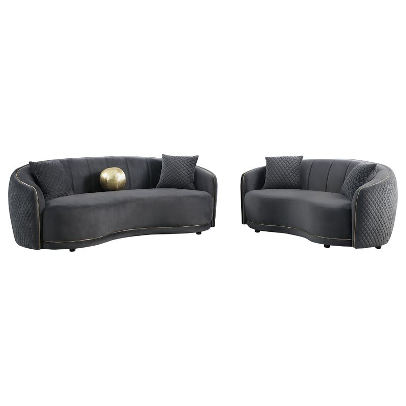 Buo 2pc Living Room Set, Sofa and Loveseat, Gold Trim, Dark Gray Velvet