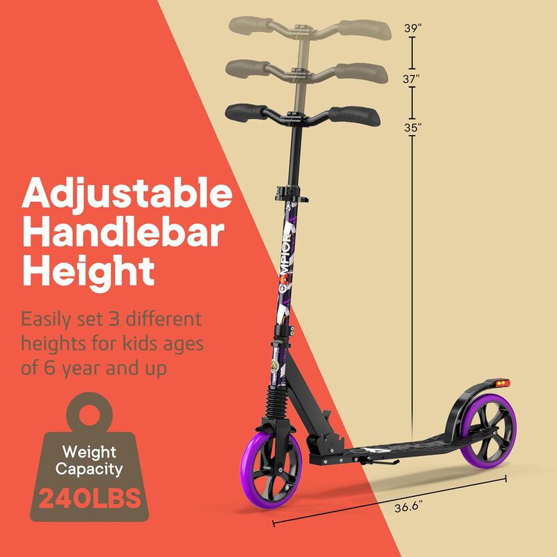 Kick Scooter for Ages 6+, for Kids, Teens, and Adults, Max Load 240 LBS, Foldable, 8-inch Big Wheels for Kids and Adults, with Kickstand, 3 Adjustable Levels, Child Safety Approved