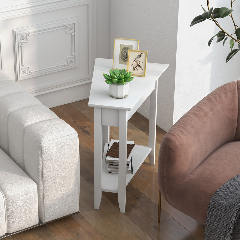 2-Tier Wedge End Table with Storage Shelf and Solid Wood Legs for Small Spaces