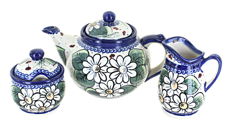 Blue Rose Polish Pottery Aztec Flower 3 Piece Tea Set