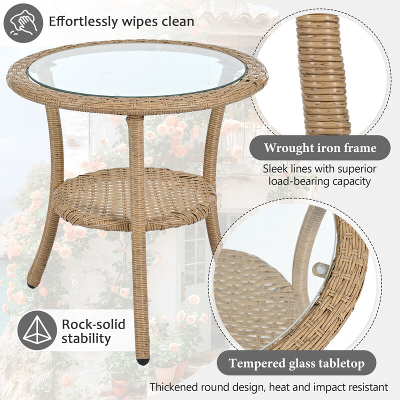 Whisen Outdoor Leisure Set, 2 Rattan Single Chairs with A Glass Round Table, Perfectly Suited for Patios, Balconies, and Courtyards - Gray