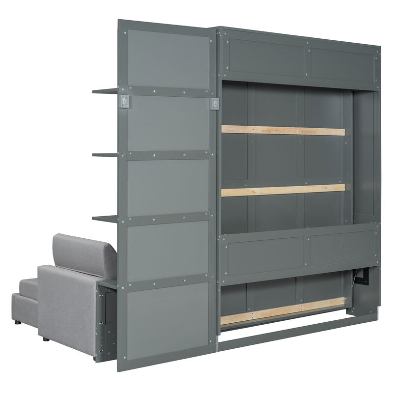 Whisen Queen Size Murphy Bed Wall Bed with Sofa and Shelves