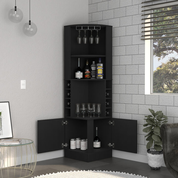 DEPOT E-SHOP Cairo Corner Bar Cabinet, Double Door Cabinet, Glass Rack, Eight Built-in Wine Rack, Black