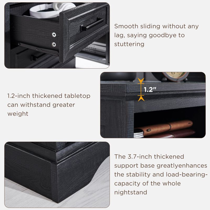 18" Farmhouse Nightstand with Charging Station, 2 Drawers, USB & AC Ports