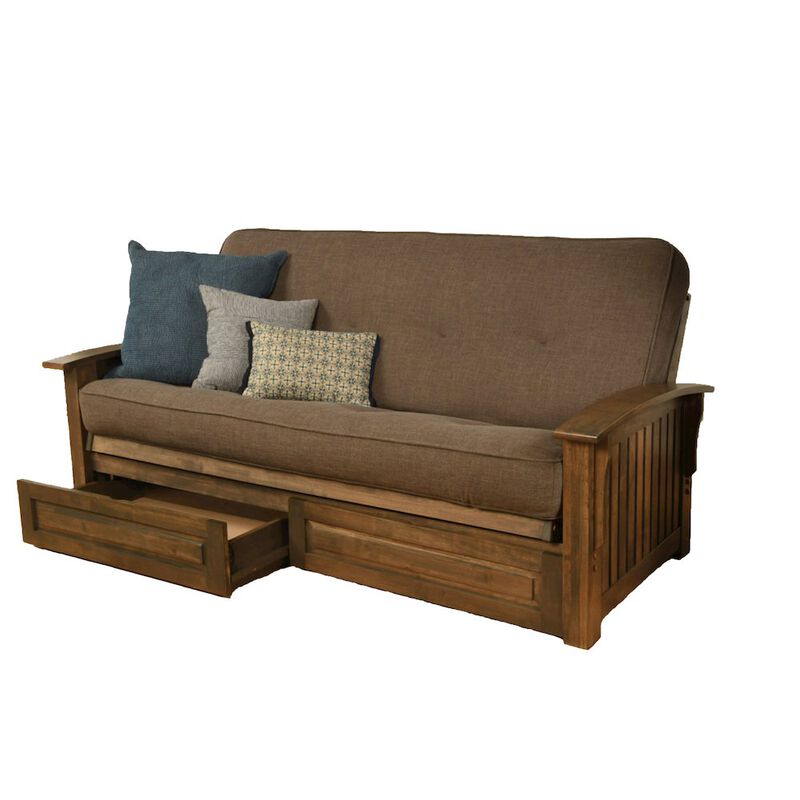 Washington Frame-Rustic Walnut Finish-Linen Cocoa Mattress-Storage Drawers