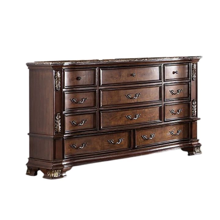 Prio Wide Dresser, 11 Drawers, Marble Top, Carved Cherry Brown Wood
