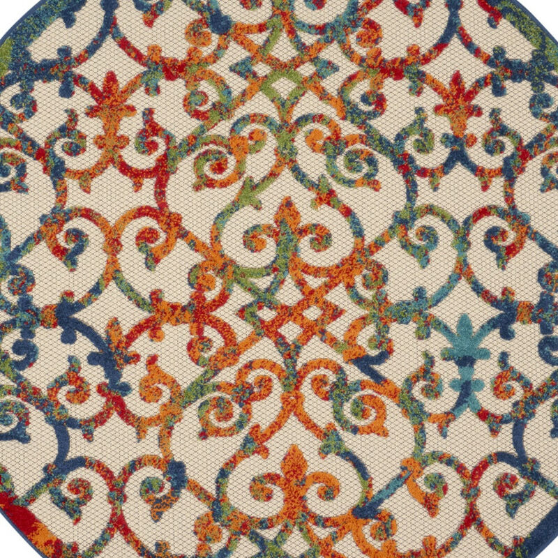 HomeRoots 5' Ivory Blue Orange And Green Round Trellis Indoor Outdoor Area Rug image number 4