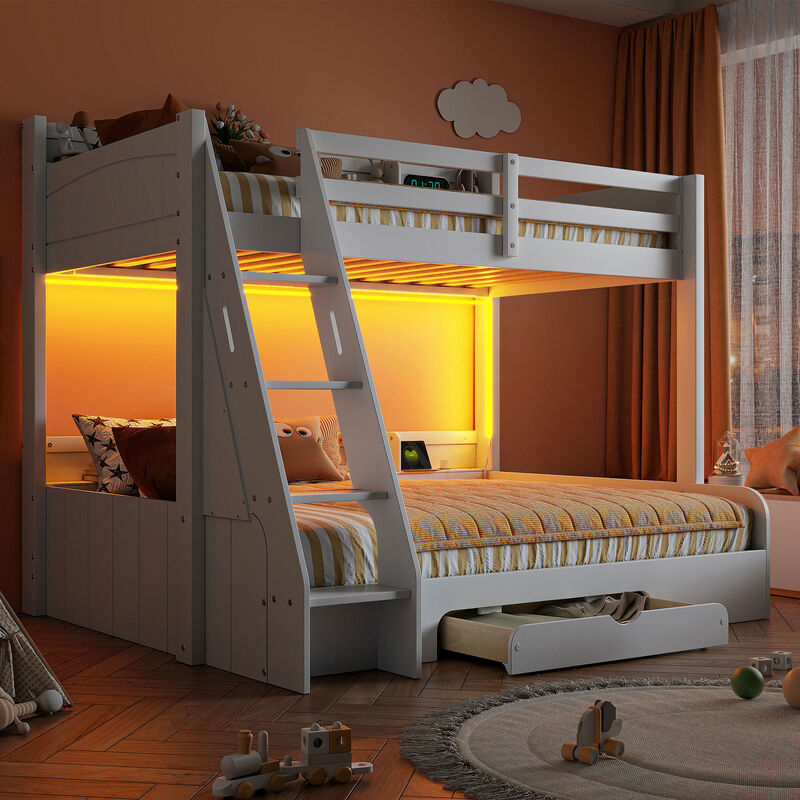 Merax Twin-over-Full Bunk Bed with Storage, LED & Charging Station Loft Beds image number 6