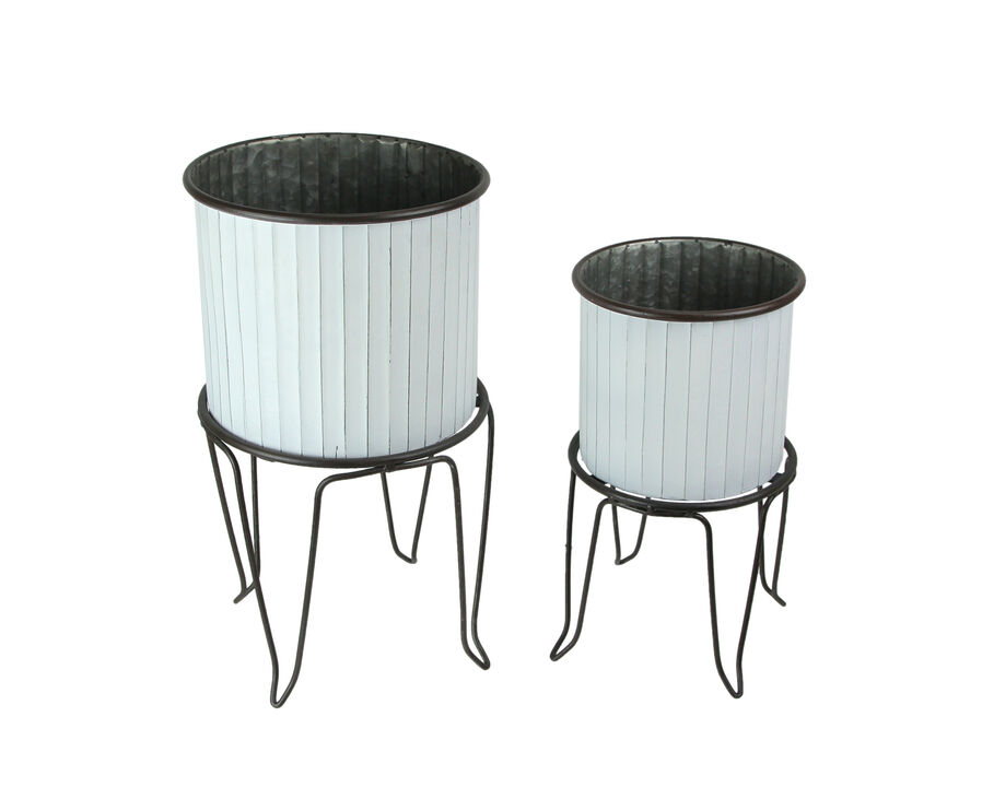 Set of 2 White / Charcoal Round Metal Tub Planters On Stands