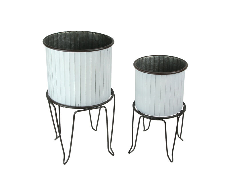 Set of 2 White / Charcoal Round Metal Tub Planters On Stands image number 0