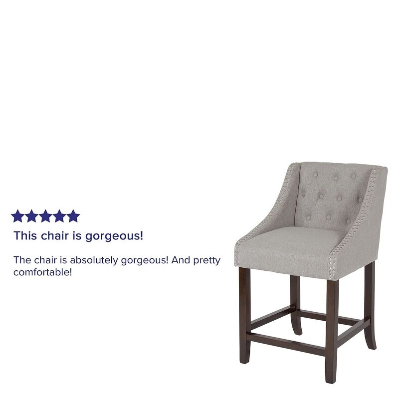 Flash Furniture Carmel Series 24" High Transitional Tufted Walnut Counter Height Stool with Accent Nail Trim in Light Gray Fabric