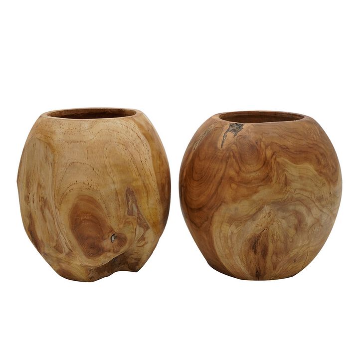 Set of 2 Decorative Teak Wood Table Bowls, Accent Piece, Brown FInish - Benzara