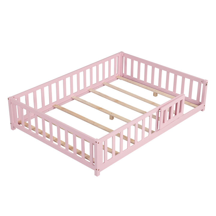 Montessori Floor Bed Frame with Guardrails, Safety Door and Latch