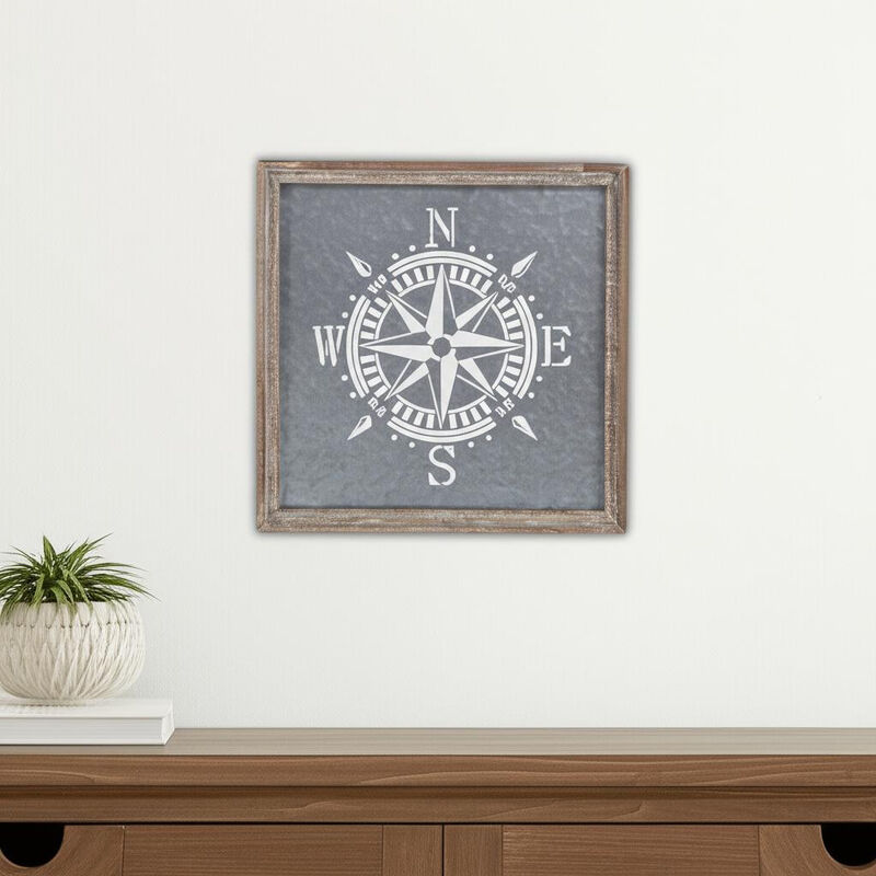HomeRoots 17" X 17" Gray Compass Galvanized Metal And Wood Square Framed Art image number 1