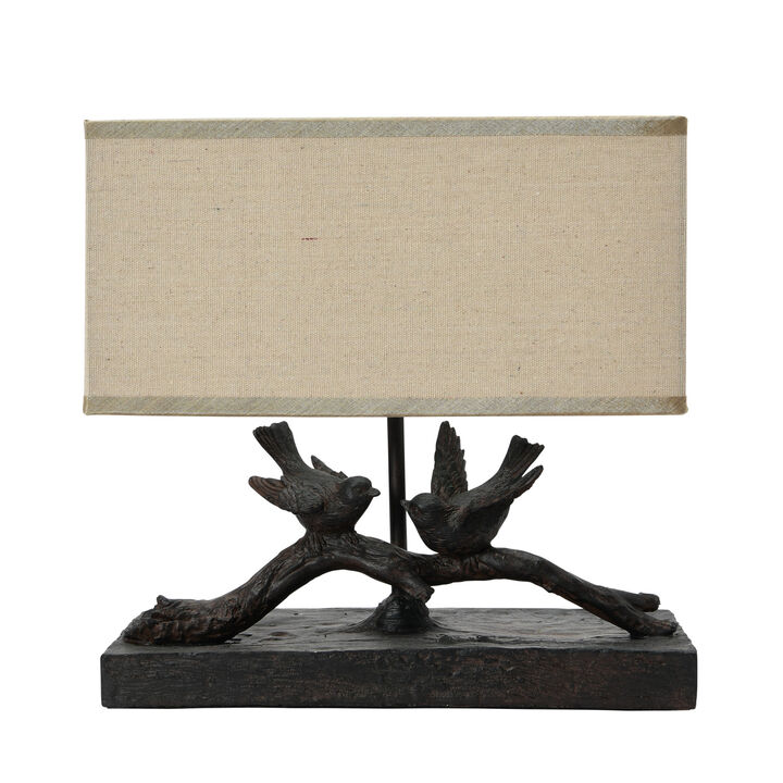 Rustic Resin Bird Lamp with Rectangle Shade, Black and Flax
