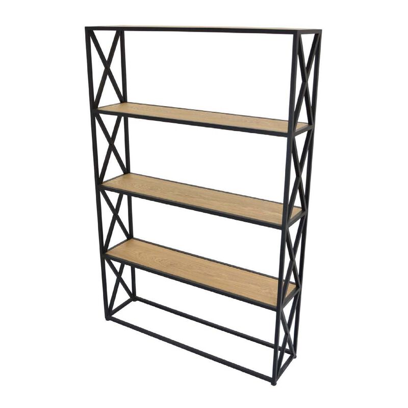 Lewy Plant Stand, X-Cross Sides, 4 Tier Wood Shelves, Black Metal