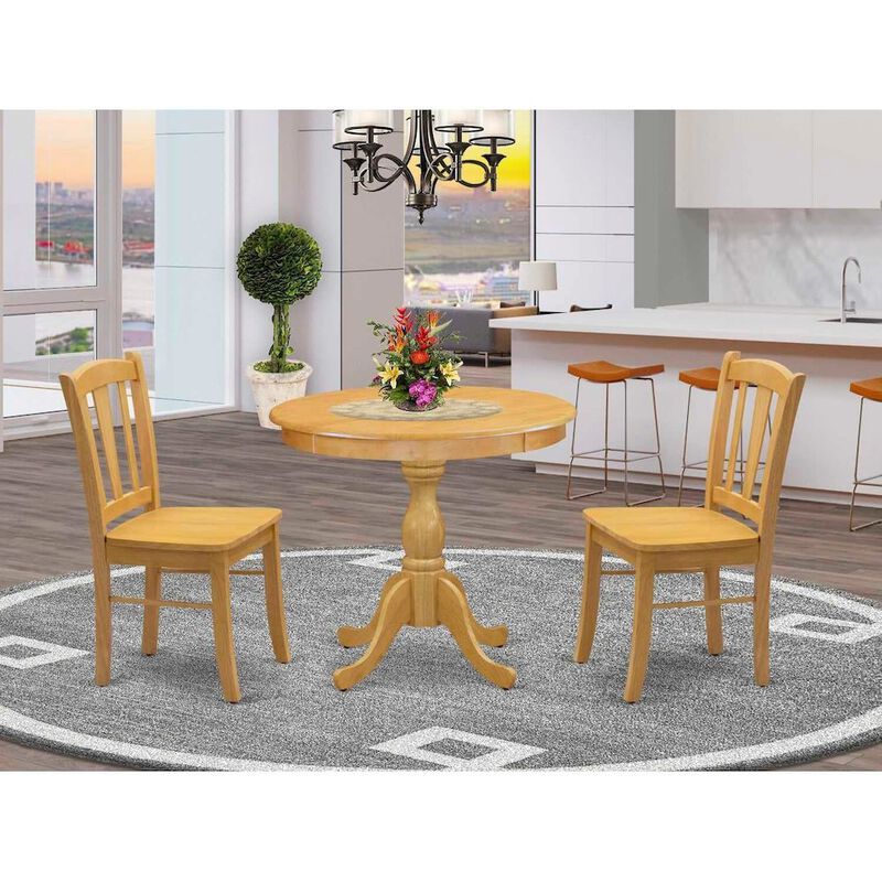 AMDL3-OAK-W - 3-Piece Dining Room Table Set- 2 Modern Dining Room Chair and Dining Table - Wooden Seat and Slatted Chair Back - Oak Finish