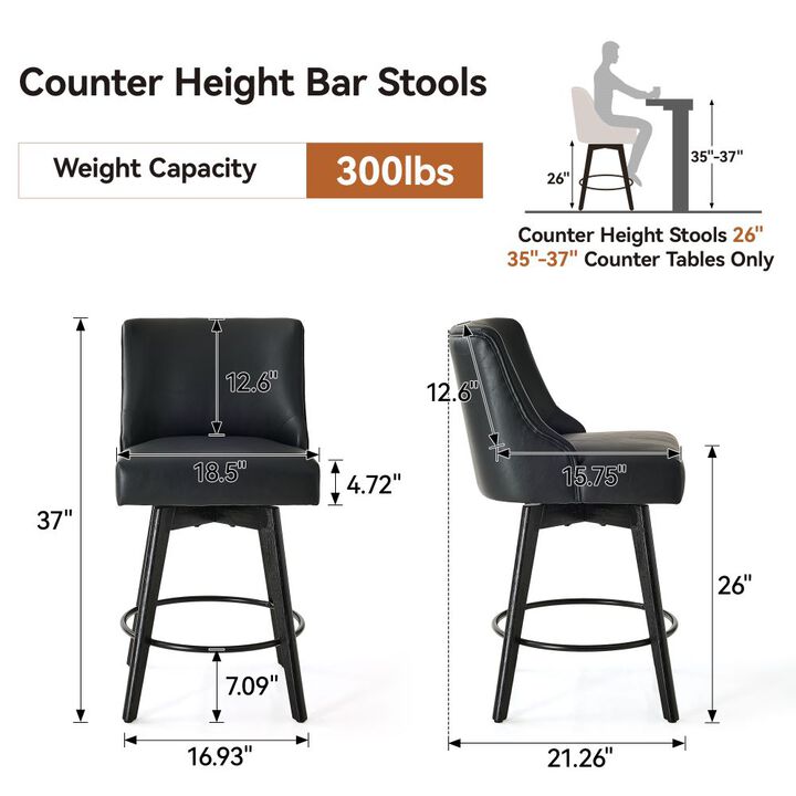 26" Swivel Counter Height Bar Stools with Backs, Faux Leather Bar Chairs for Dining Room, Black