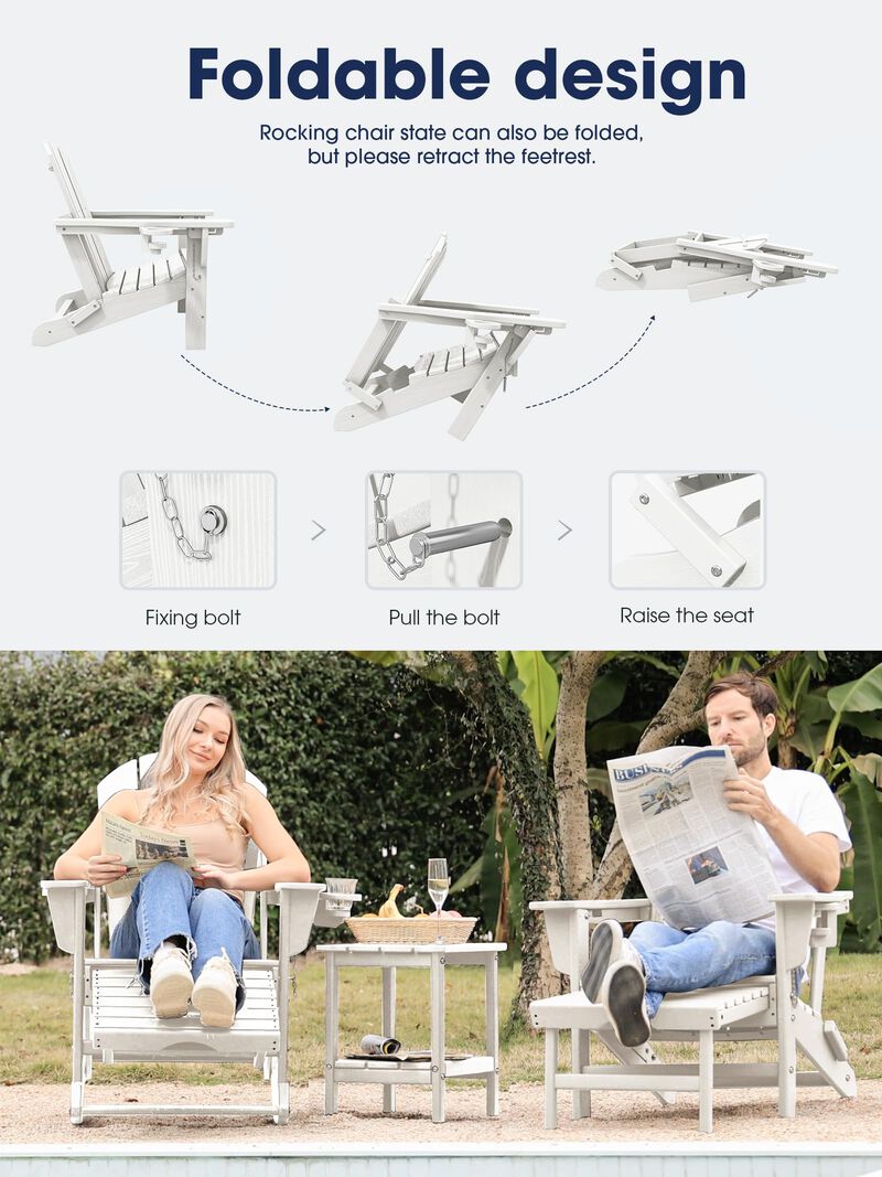 KINGYES Folding Adirondack Rocking Chair with Retractable Ottoman and Cup Holders, 4-in-1 Multifunctional HDPE Adirondack Chair