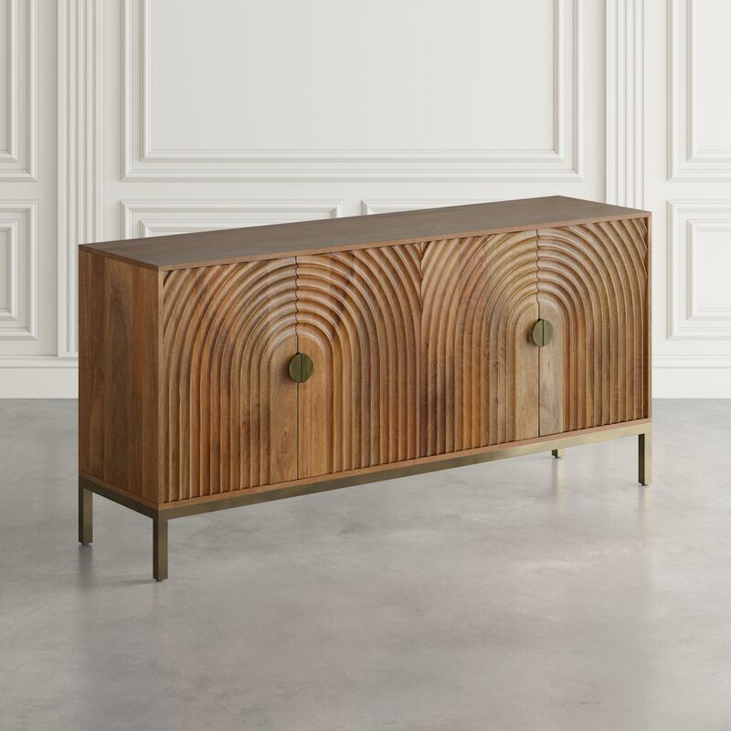 Jofran Asher 69 Solid Wood Mid-Century Modern Curved Arch Sideboard Cabinet