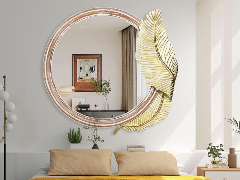 32" Rustic Leaf Wall Mirror &ndash; Decorative Round Wood Accent Piece