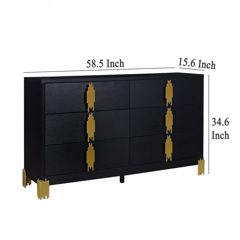 Theo Wide Dresser, 6 Drawers, Retro Style Gold Handles, Black 59 Inch - Benzara