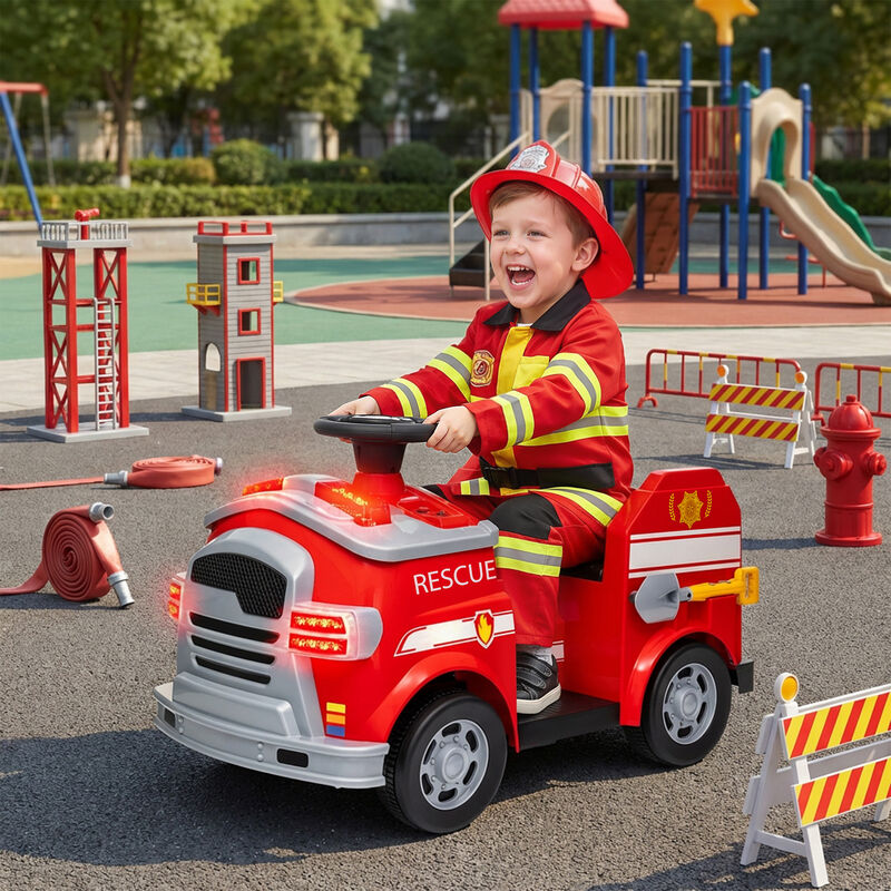 BreeBe 12V Ride on Fire Truck with Siren, Flashing Lights Fire Extinguisher, Soft Start, Horn Music image number 1