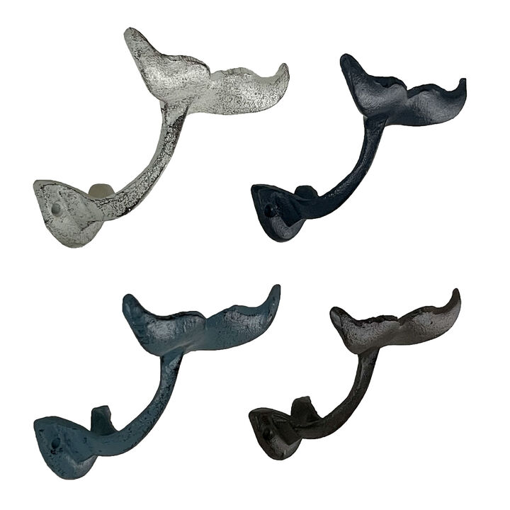 Set of 4 Colorful Cast Iron Whale Tail Wall Hooks - Decorative Nautical Coat, Towel or Clothing Hangers to Add a Charming Beachy Vibe to Your Home Decor
