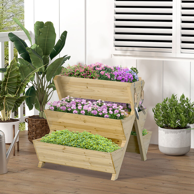 Outsunny 3-Tiers Vertical Raised Garden Bed, Wooden Planter Stand with 5 Elevated Planter Boxes and 4 Hooks, for Herbs, Flowers, or Vegetables in Patio Balcony Indoor Outdoor