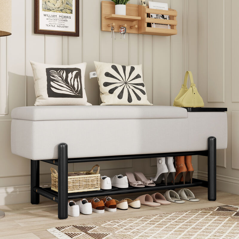 Merax Farmhouse Upholstered Storage Bench with Hidden Compartment