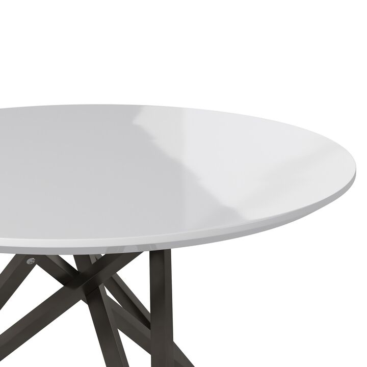 Kimya 47 Inch Dining Table, Round Wood Top, Angled Steel Legs, White, Black - Benzara