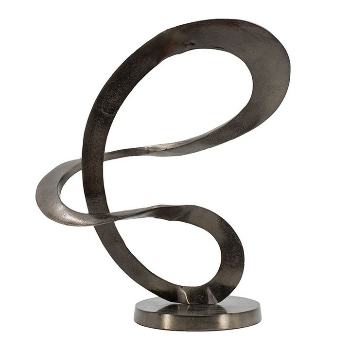 17 Inch Modern Sculpture, Black Aluminum, Tabletop Decor Loop, Round Base - Benzara